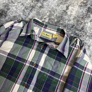 LL Bean Mens Medium Tall Plaid Button Down Shirt Green Navy Purple Long Sleeve